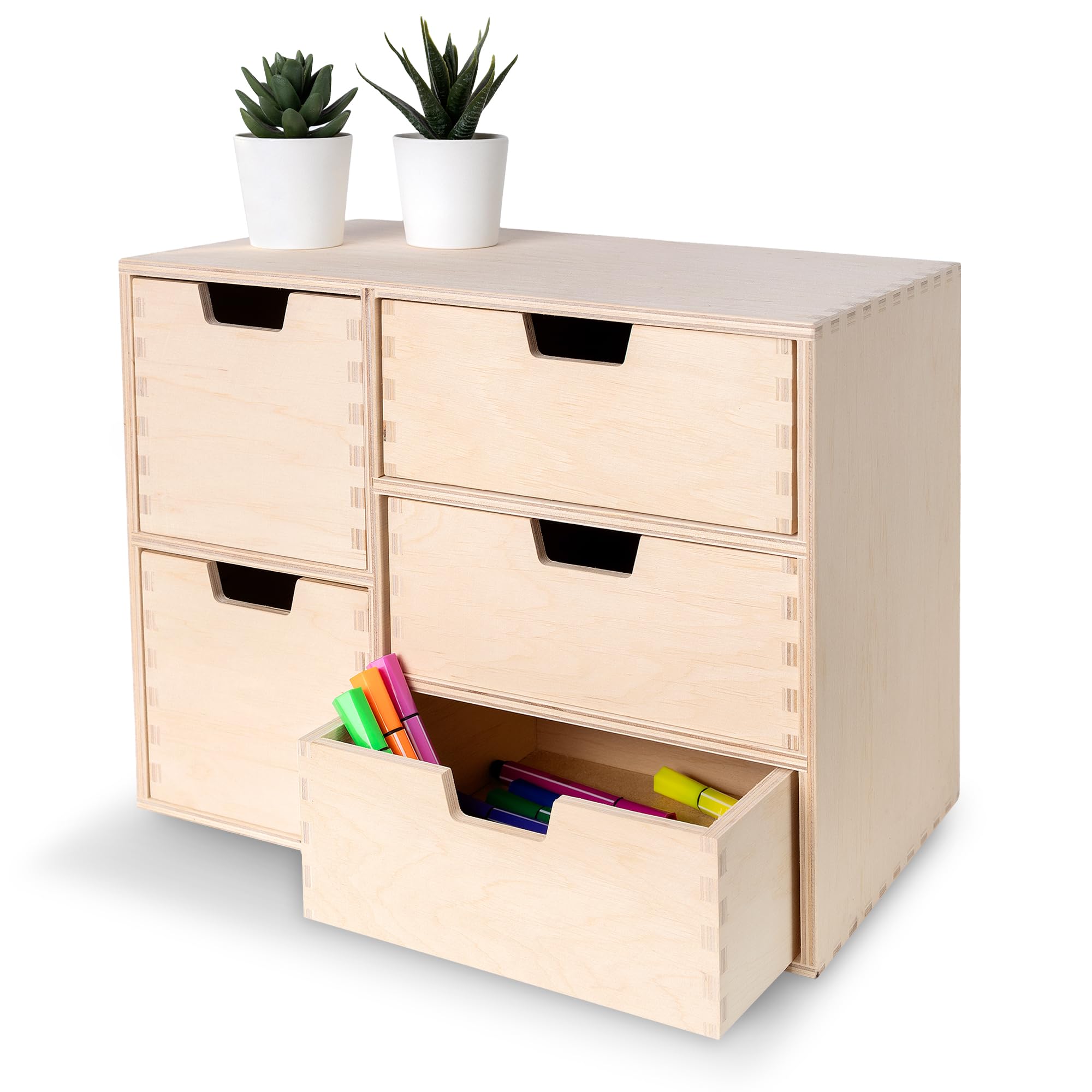 Creative Deco Mini Wooden Chest of Drawers | 36x20x28.5cm | 5 Compartments | Desk Organiser for Paper Work Documents | Plain Stationary Organiser for Office Accessories | Large Storage Box with Drawer