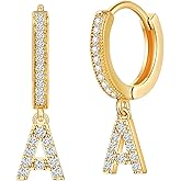 18K Gold Filled Initial Dangle Hoop Earrings for Women, 1 Pair CZ Hypoallergenic Alphabet Letter A-Z Drop Dangle Dainty Gold Earrings, Small Huggie Hoop Earrings with Cubic Zirconia Gifts Jewelry