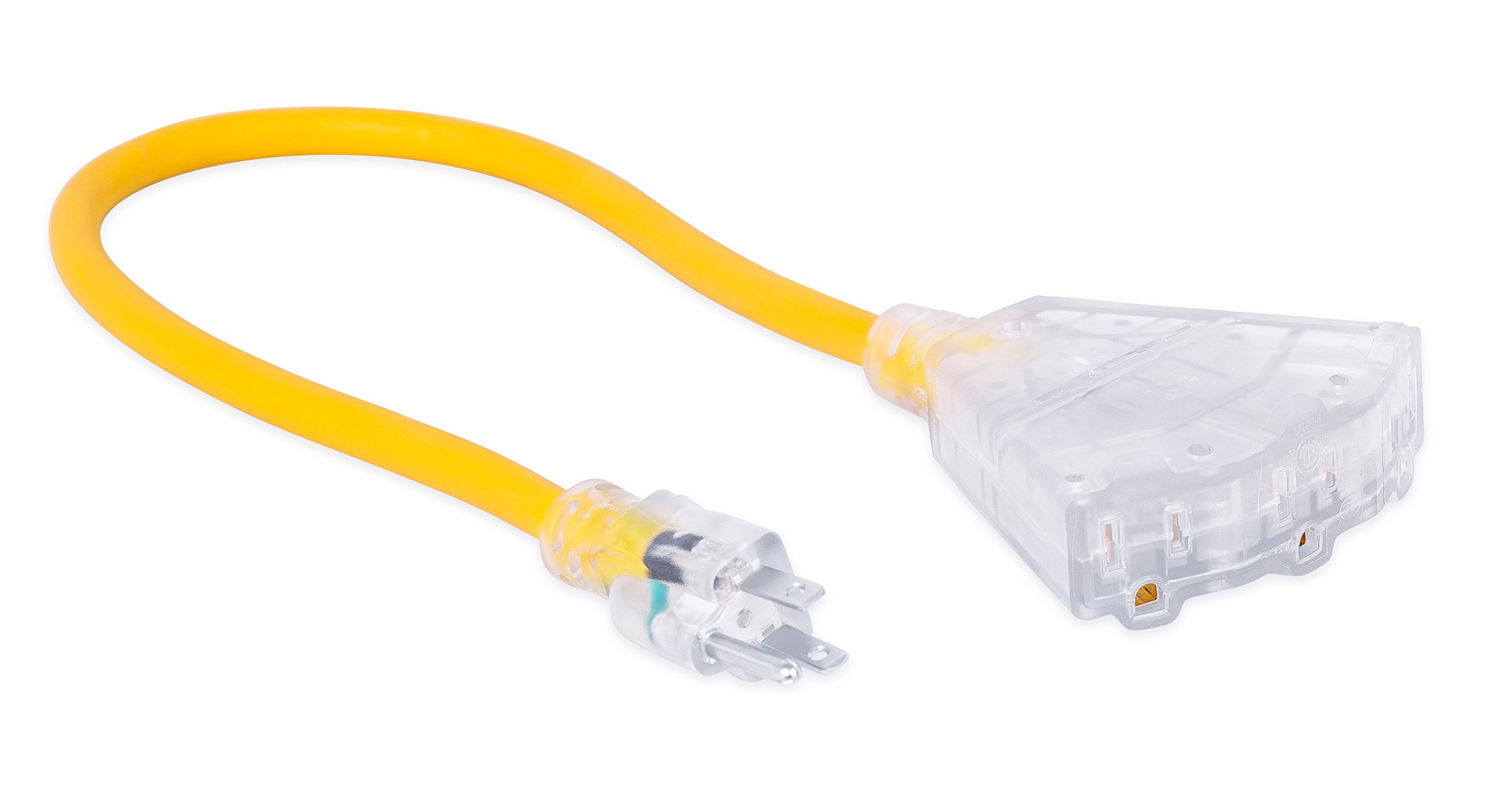 Pigtail Triple Tap Extension Cord W LED Lighted Plug 2 FT 12 AWG Gauge