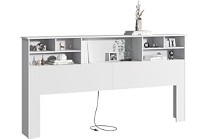 AYEASY King Size Headboard for Bedroom, Stylish Bookcase Headboard with Built-in Charging Station & 2 LED Lights, Engineered Wood Headboard, Noise-Free HeadBoard King Size with Storage, White