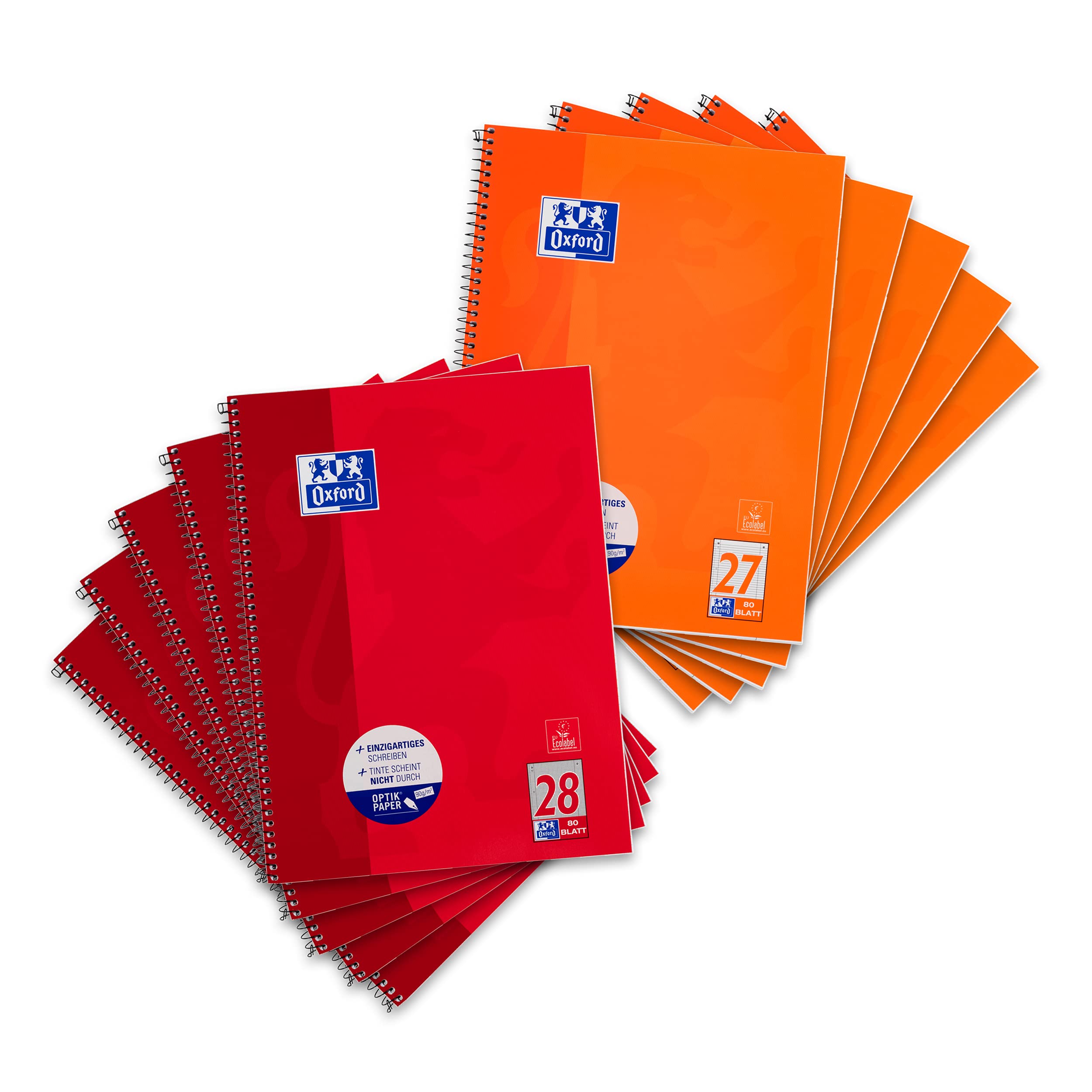 Oxford College Notepad School A4 Squared with Double Margin, 80 Sheets Ruler 28 & 27 Pack of 10 Red/Orange