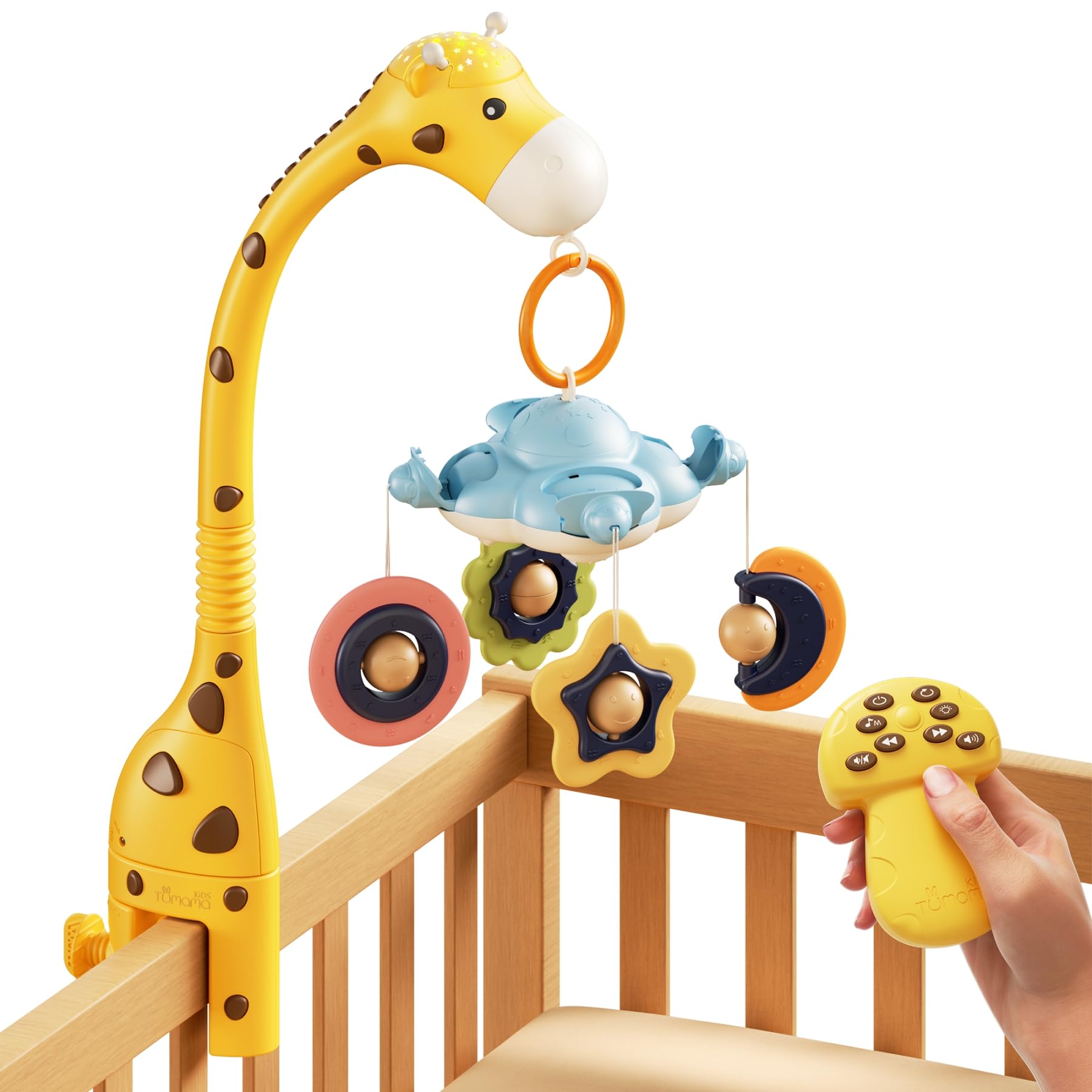 TUMAMA Baby Cot Mobile, 3 in 1 Crib Toys with Remote Control, Projection Night Light, Music and White Noise, Mute Spin Motor Nursery Sensory Toys for Infant 0 3 6 9 Month Newborn Xmas Gift