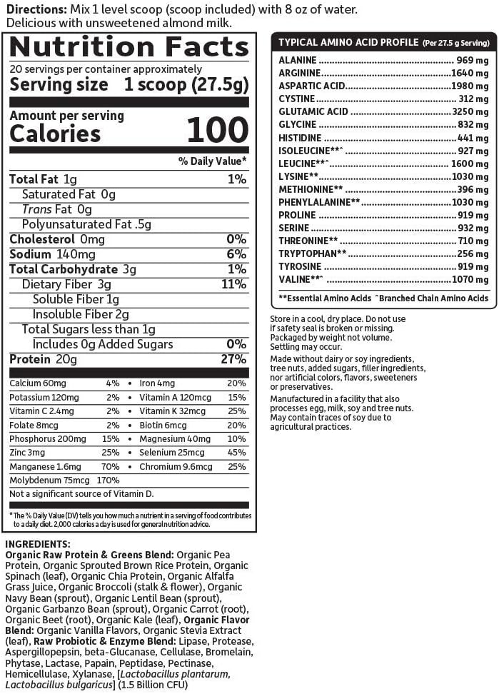Garden of Life Raw Protein & Greens Vanilla, Vegan Protein Powder for Women and Men, Juiced Greens and 20g Raw Organic Plant Protein Plus Probiotics & Enzymes, Gluten-Free Low Carb Shake, 20 Servings: Health & Personal Care