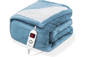 YOKIMISU Heated Blanket Electric Throw, Soft Flannel & Comfort Sherpa Electric Blanket, Fast Heating 6 Heating Levels and 4 Hours Auto Shut Off, ETL Certified, Machine Washable, 50"x60", Light Blue