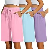 YooAurvox 3 Pack Girls Bermuda Shorts Knee Length Straight Leg Drawstring Elastic Waist Pants Summer for Kids with Pockets(Lake Blue, Lilac, Cherry Pink,11-12 Years)