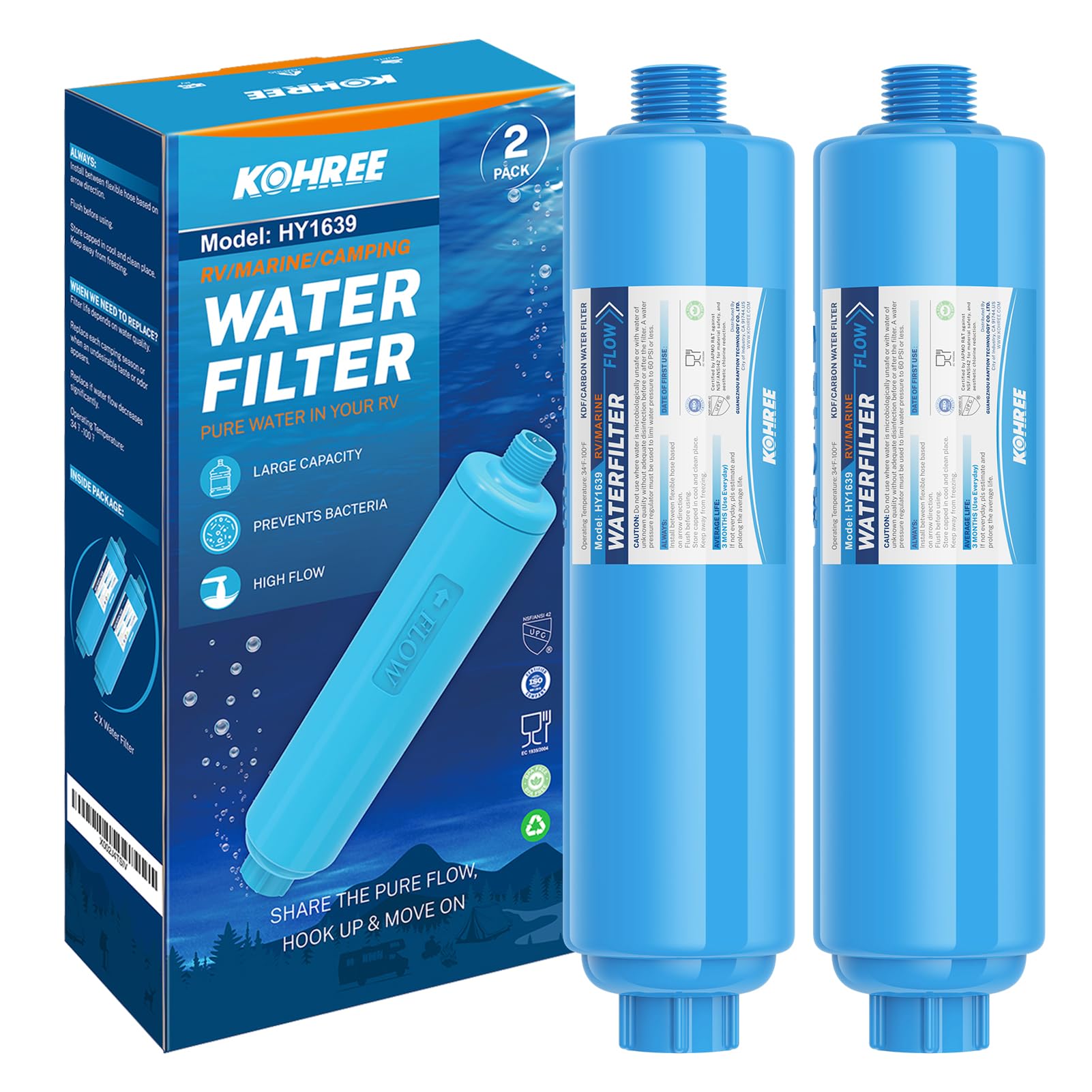Photo 1 of Kohree RV Water Filter, NSF Certified, Inline Water Filter Reduces Chlorine, Bad Taste, Odor, RV Accessories Ideal for Campers, Marine, Garden Hose, Boats, Trailer Motorhome, 2 Pack