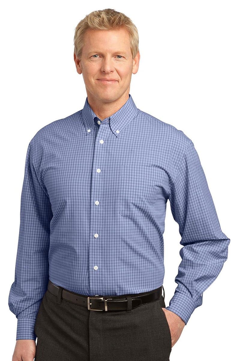 Port Authority Men's Plaid Pattern ButtonDown Shirt, Navy at Amazon
