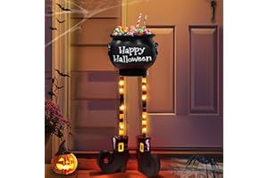 TURNMEON [ Orange Lights & Timer] Halloween Decorations - Halloween Candy Bowls, 2 Ft Large Witches Legs Candy Bowl Cauldron Hocus Pocus Bucket Candy Holder for Indoor Front Porch Home House Lawn Yard Outside