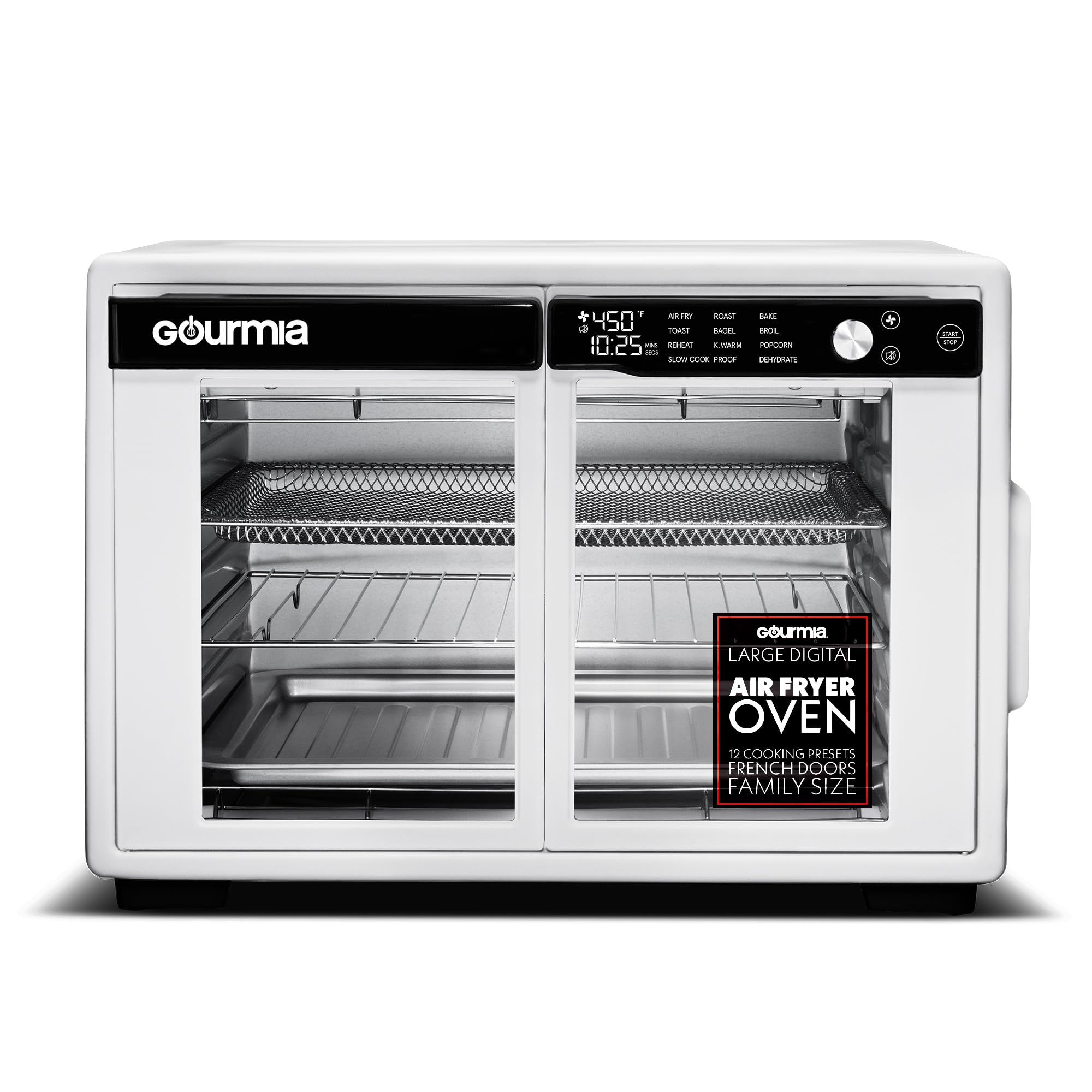 Gourmia Horno freidora de aire digital con puerta francesa - Capacidad XL 37QT, 12 presintonías, tecnología FryForce 360°, deshidratación, prueba, cocción lenta, se adapta a pizza de 13", 1700W, blanco