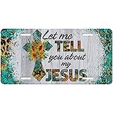 Chroleia Christian License Plate for Women – Let Me Tell You About My Jesus Floral Cross Car Tag – Turquoise Rustic Western Style Front Plate for Truck SUV Decoration