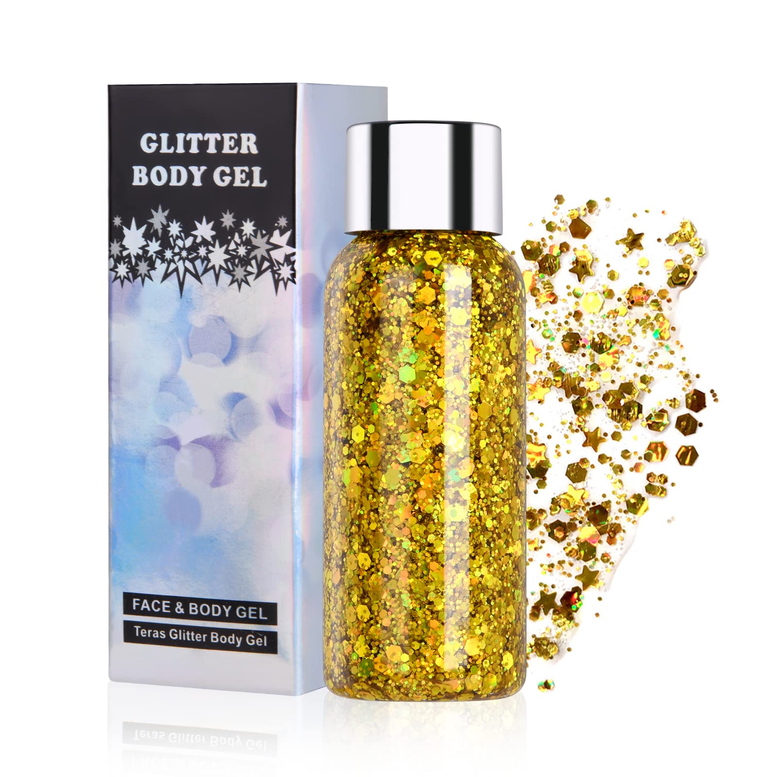 URAQT Holographic Mermaid Sequins Chunky Cosmetic Glitter Face and Body Gel, Sparkling Festival Party Lotion Glitter for Face, Body, Eye, Hair, Nail Makeup and DIY Art (Gold)