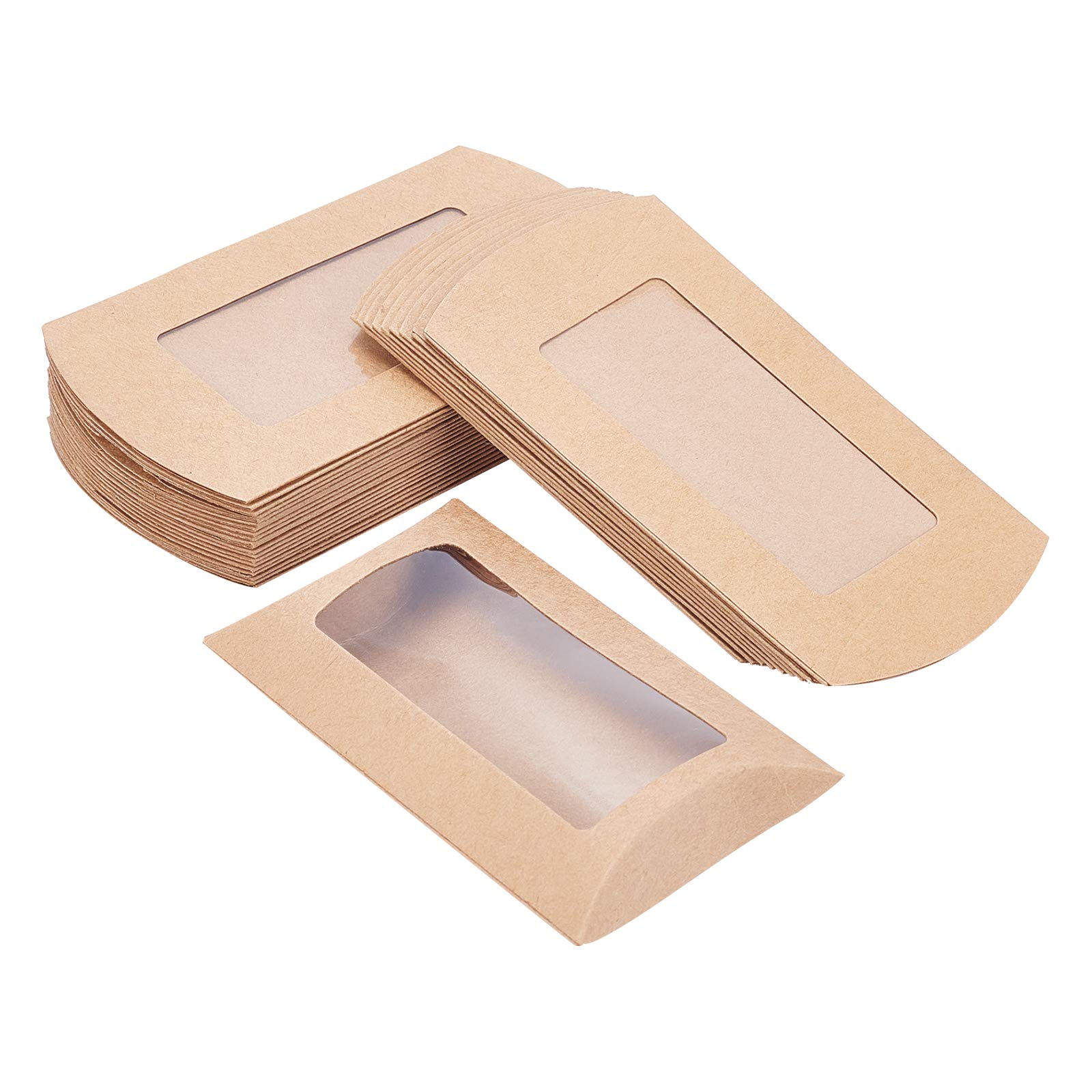BENECREAT 30pcs 12.5x7.4x4.2cm Brown Kraft Paper Pillow Boxes with Clear Window, Candy Packaging Box Treat Box for Shower, Birthday and Wedding Party