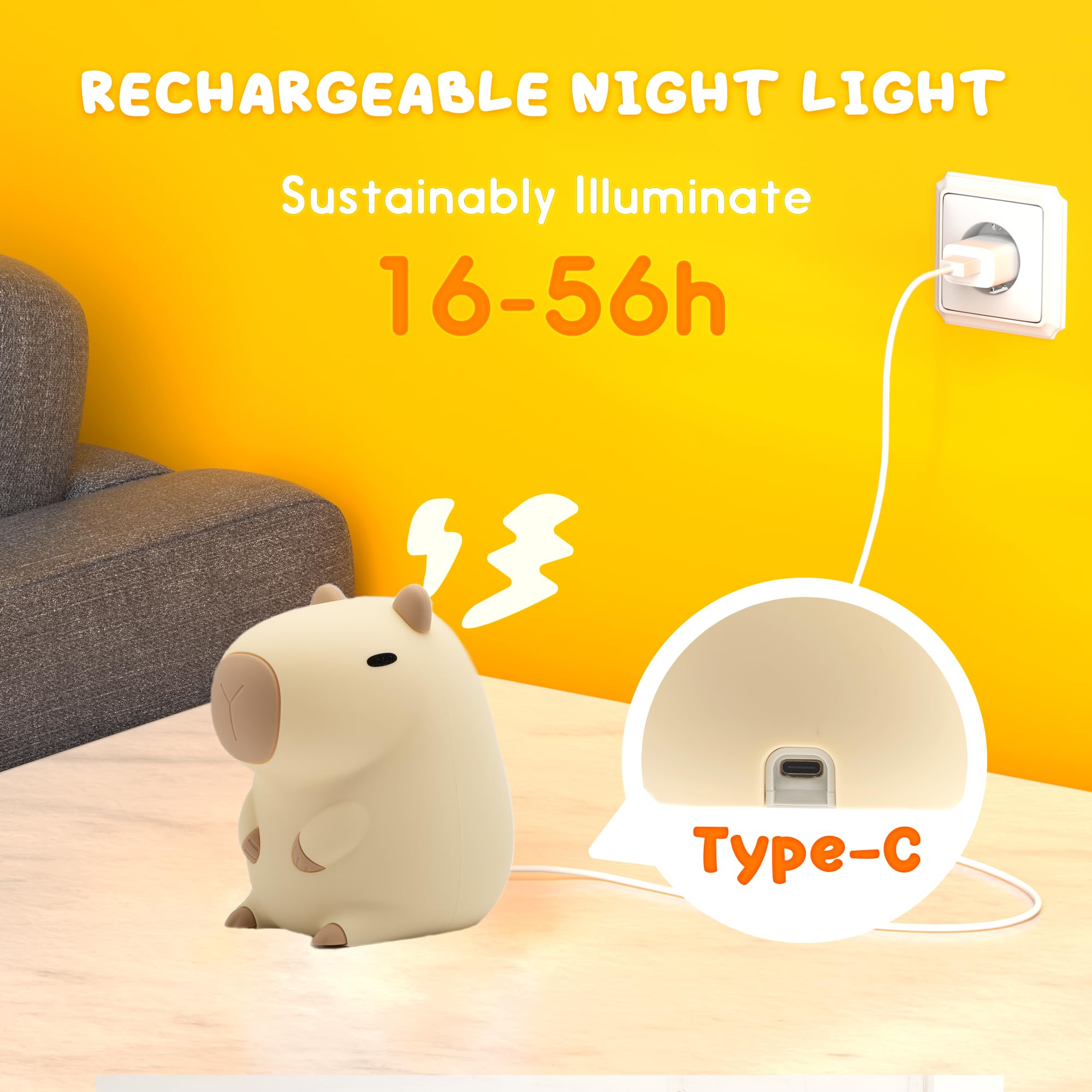 UNEEDE Capybara Night Light, Cute Animal Silicone Nursery Night Light Rechargeable Table Lamp Bedside Lamp with Touch Sensor for Bedrooms, Living Room Squish Capybara Stuff Gifts