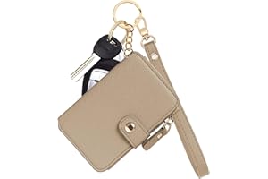 M-Plateau Wallet, Womens card Holder Leather Keychain Wallet With Zipper Coin Pocket ID Window Wrist Strap Gift Box (Khaki)