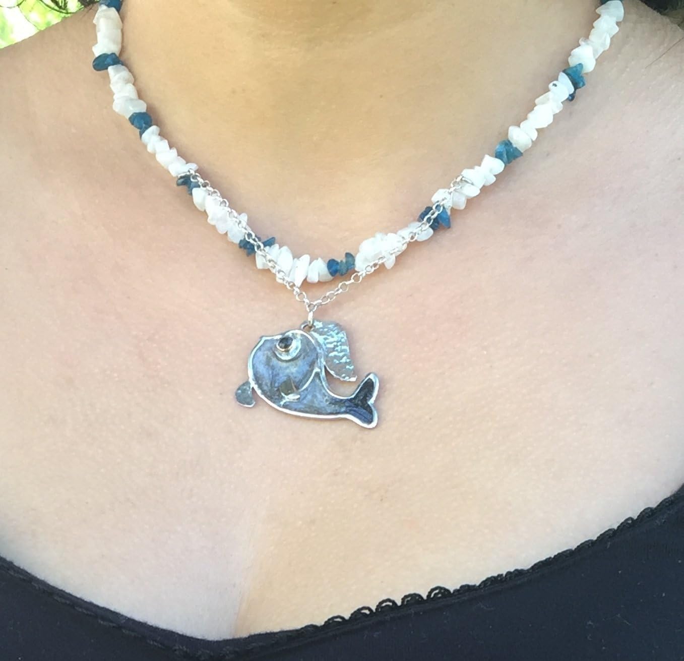 Silver Fish Pendant Necklace, Moonstone Sodalite Bead Necklace with a Charm, Zodiac Handmade designer Jewelry Gift for Women