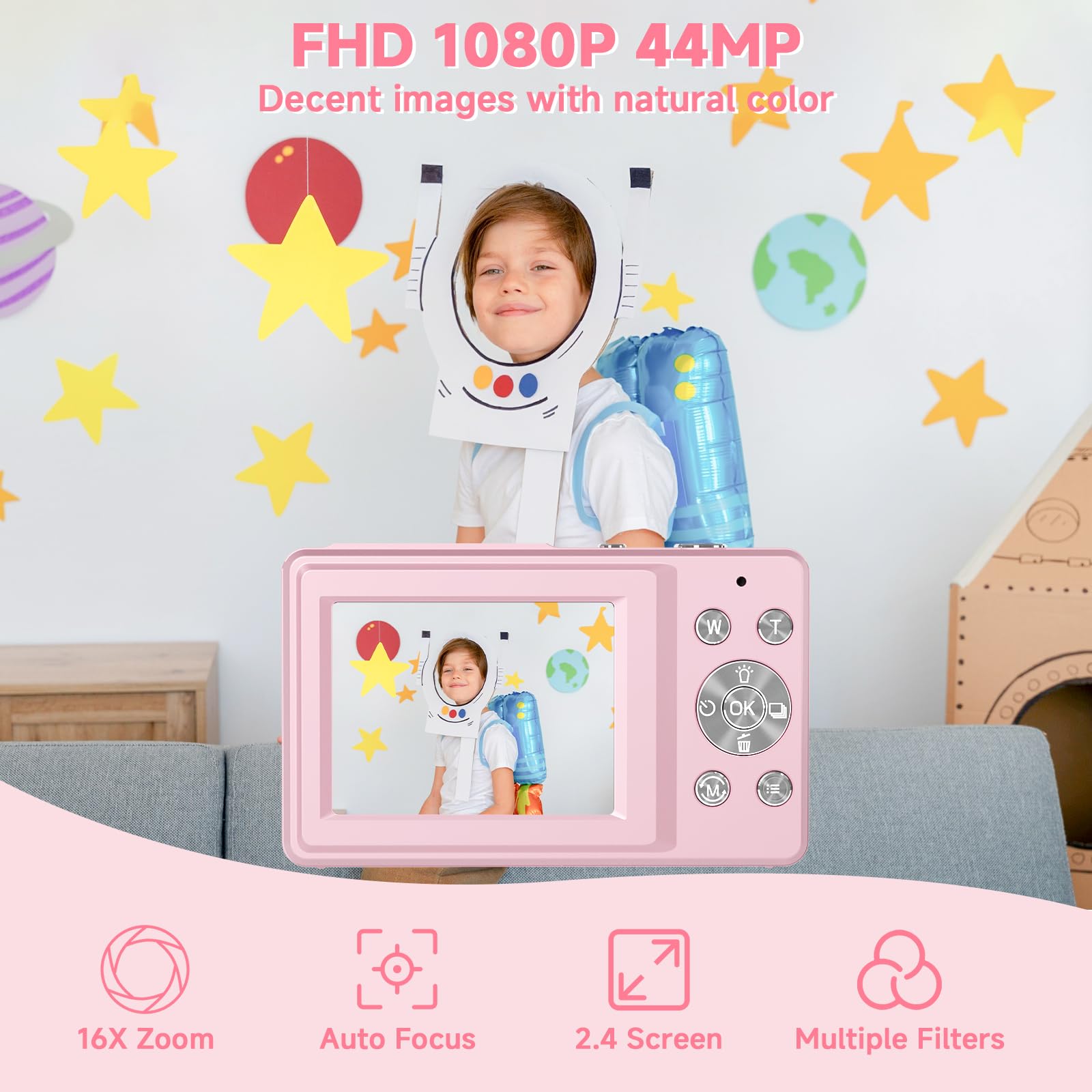 Digital Camera, 44MP Compact Camera, FHD 1080P Point and Shoot Digital Cameras with 16X Zoom, Face Detect, Smile Capture, Anti Shake, for Boys Girls Teens Gifts (Pink)