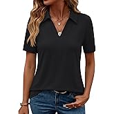 ZHENWEI Women's Short Sleeve V-Neck Polo Shirts Business Casual Work Collared Tops Dressy Johnny Collar Cute Blouses