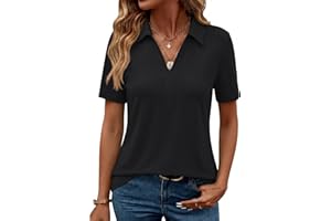 ZHENWEI Women's Short Sleeve V-Neck Polo Shirts Business Casual Work Collared Tops Dressy Johnny Collar Cute Blouses