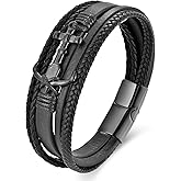 HSM Bracelet for Men Handmade Cowhide Leather Wrap Bracelet, Multilayer Vintage Anchor Cuff Bracelet