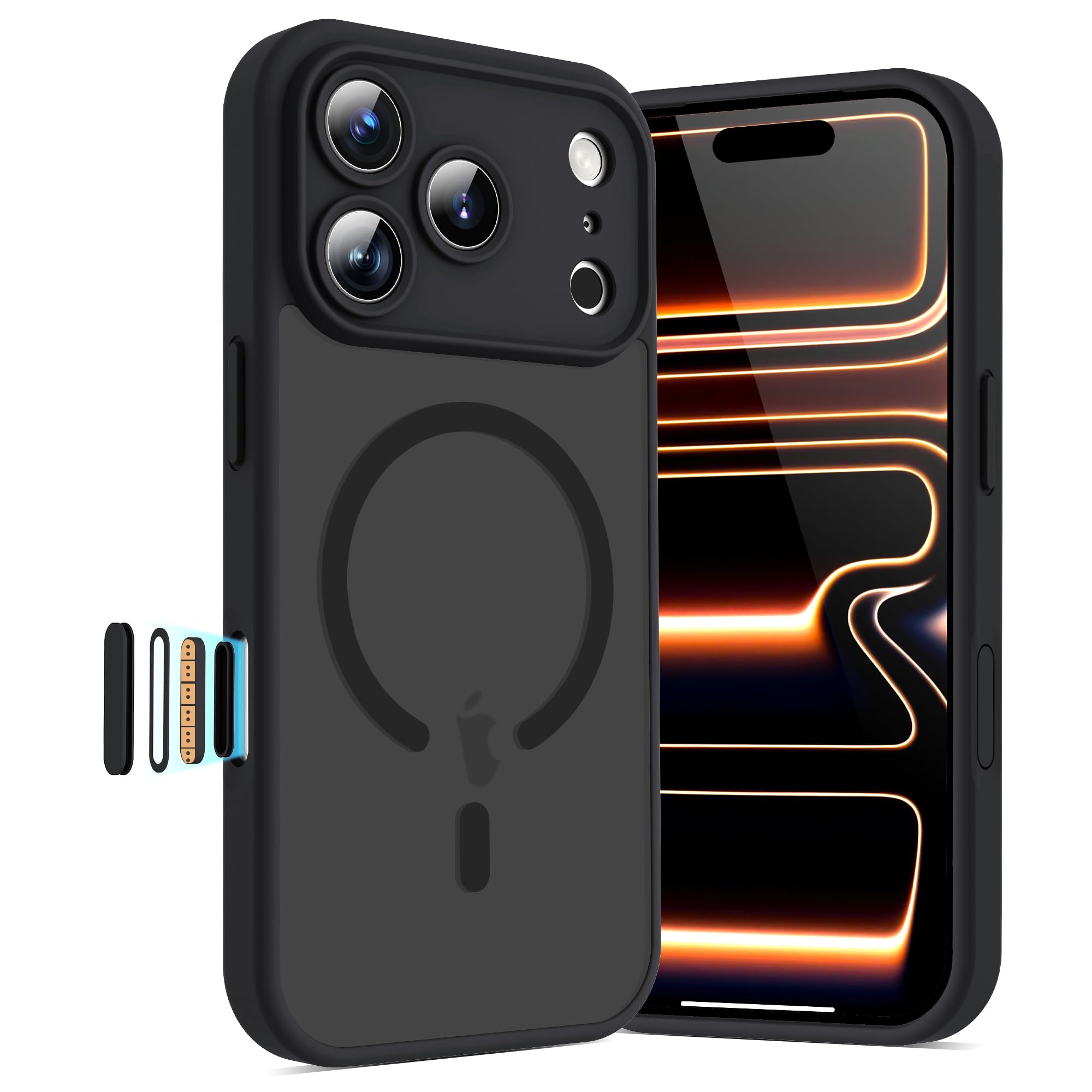 Photo 1 of YEMORAN Case for iPhone 17 Pro 6.3'' Compatible with Magnetic Mag-Safe Charging [Camera Control Button] [Camera Protection] Matte Translucent Military Grade Shockproof Phone Case, Black