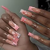 Long Press on Nails with 3D Floral Designs Pink French Tips Fake Nails Rhinestone Designs Square Shaped Glue on Nails Glossy Acrylic Nails Full Cover Artificial Stick on Nails for Women 24Pcs