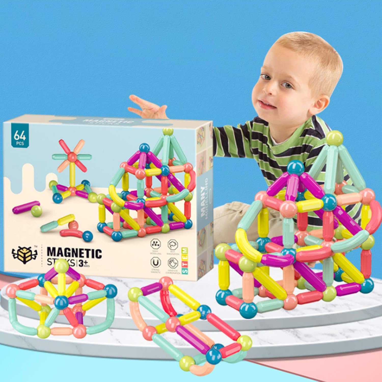 64 PCS Magnetic Balls and Rods Building Sticks Blocks Set Vibrant Colors Different Sizes Curved Shapes Children Educational Stacking STEM Toys for Kid Age 3+: Toys & Games