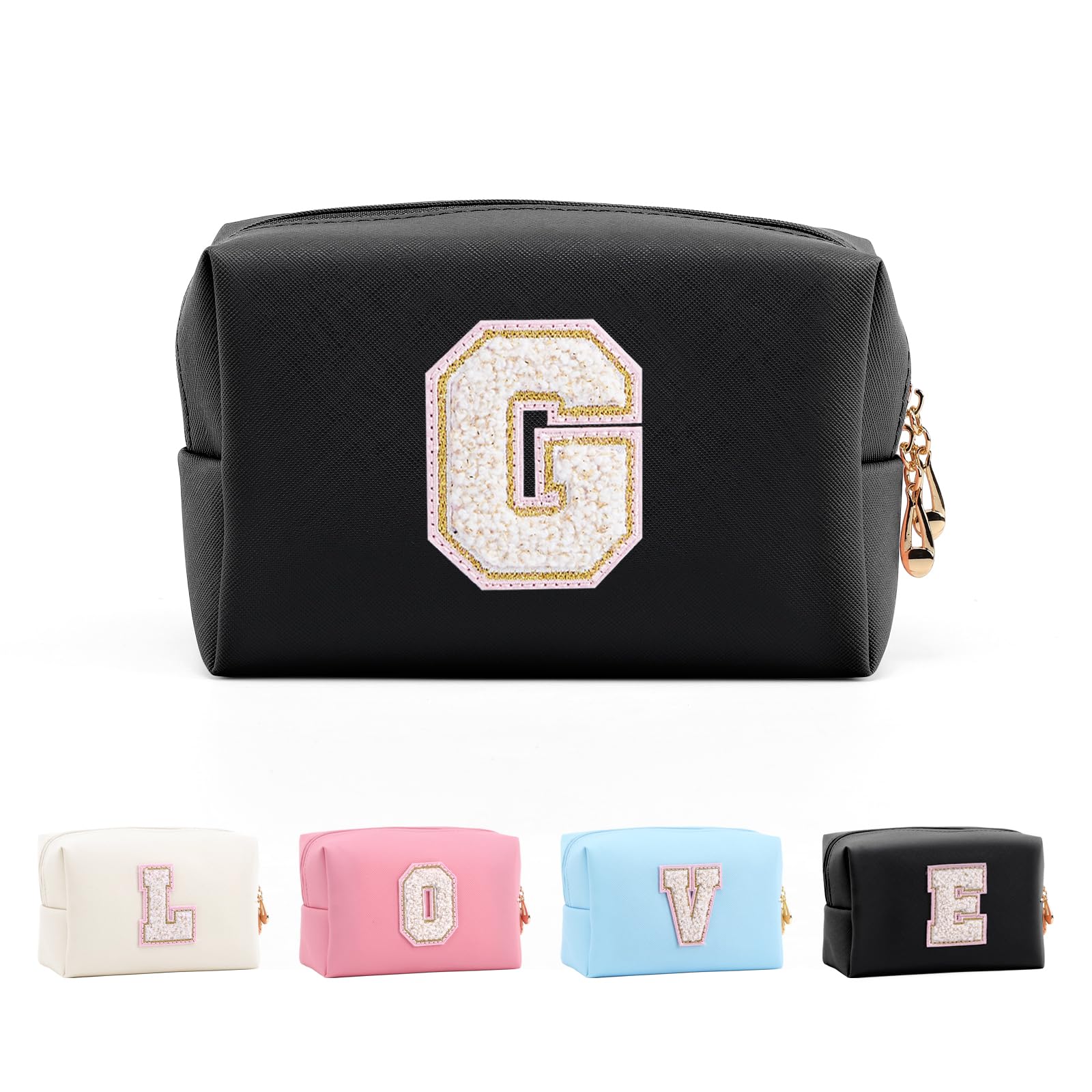Anntry Small Personalized Initial Letter Makeup Bag, Cute Waterproof PU Leather Chenille Letter Cosmetic Bag Travel Makeup Bag, Preppy Makeup Pouch Toiletry Zipper Pouch Organizer for Women and Girls