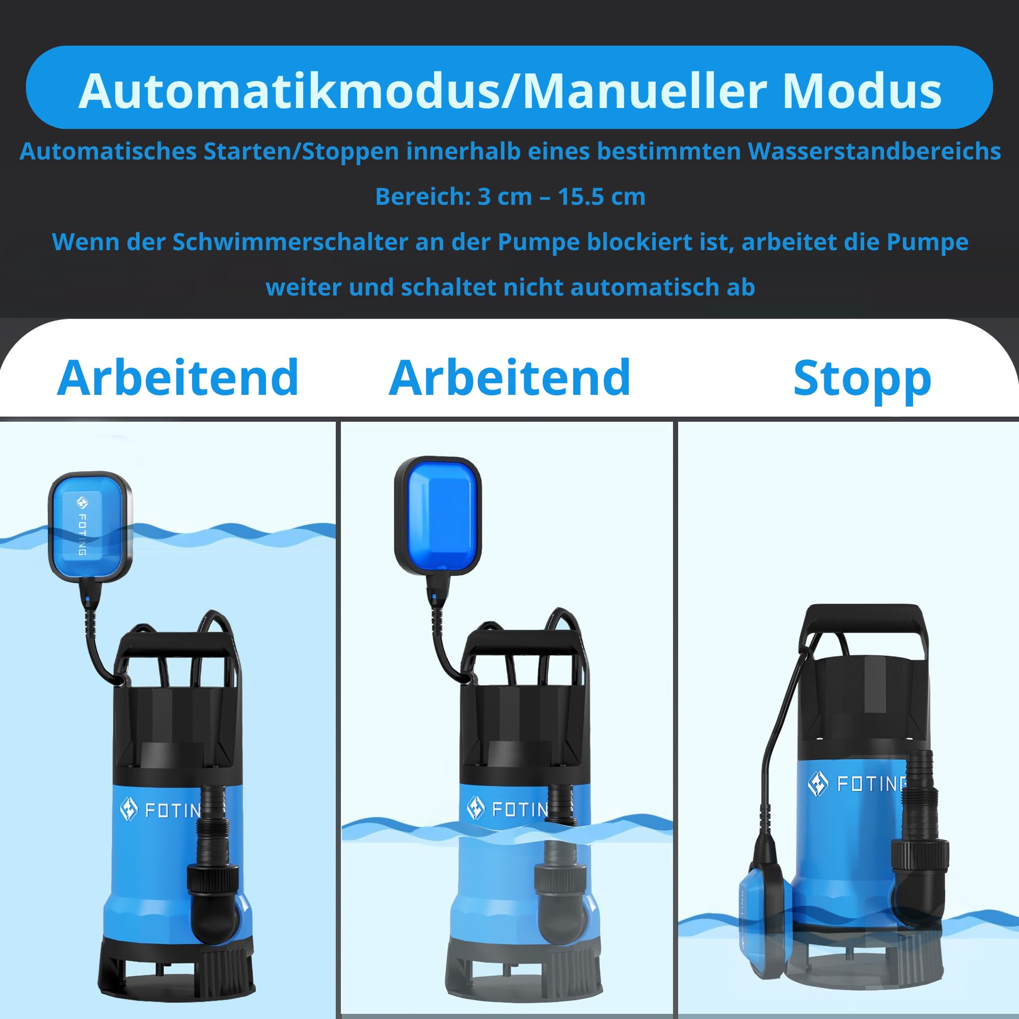 FOTING Schmutzwassertauchpumpe 1000 W, 17600 l/h, Förderhöhe max. 11 m, Eintauchtiefe max. 7 m, Schwimmerschalter, für Pool, Keller und Gartenteich 4