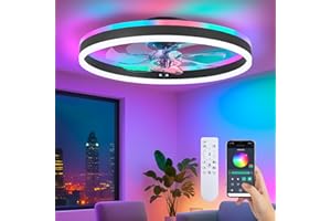STERREN RGB Ceiling Fan with Light, 20'' Low Profile Ceiling Fans, Black Flush Mount LED Fan Light with Remote Control, Modern Bladeless Fandelier for Bedroom, Living Room, Kitchen