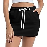 Wrotorea Women's Casual Elastic High Waist Drawstring Stretch Sweat Bodycon Mini Skirts with Shorts Pockets