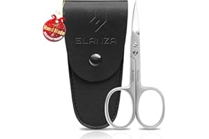 GLANZA Curved Nail Scissors all purpose Heavy Duty Grooming Tool - Sharp Blade Stainless Steel with Leather Case - Eyebrow Scissors for Women - Mustache & Beard Scissors for Men