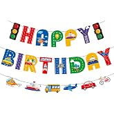 GOTPASS Transportation Happy Birthday Banner Transportation Theme Birthday Party Decorations for Kids Boys Car Bus Train Plane Ship Helicopter Traffic Light Photo Props Garland
