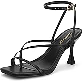 LOOPCHARM Women's Strappy High Heels Sandals Square Open Toe Ankle Strap Slingback Thong Stilettos Shoes for Wedding