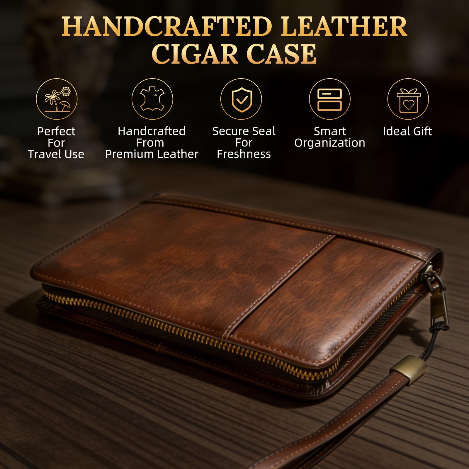 Travel Cigar Humidor, Handmade Crazy Horse Leather Cigar Case for Men, Portable Cigar Box Holds 5 Cigars with Phone & Lighter Pockets, Ideal Gift for Cigar Lovers - Brown