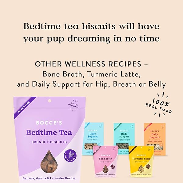 BOCCE’S BAKERY OVEN BAKED BEDTIME TEA TREATS FOR DOGS, WHEAT-FREE EVERYDAY DOG TREATS, MADE WITH REAL INGREDIENTS, BAKED IN THE USA, ALL-NATURAL BISCUITS, BANANA, VANILLA, & LAVENDER, 5 OZ