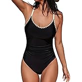 CUPSHE Women's One Piece Swimsuit Bathing Suit Scoop Neck Back Tie Shell Stitch Ruched Swimwear