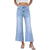 Kedera Womens Wide Leg Pearl Jeans High Waisted Cropped Denim Pants Casual Embellished Jeans with Raw Hem