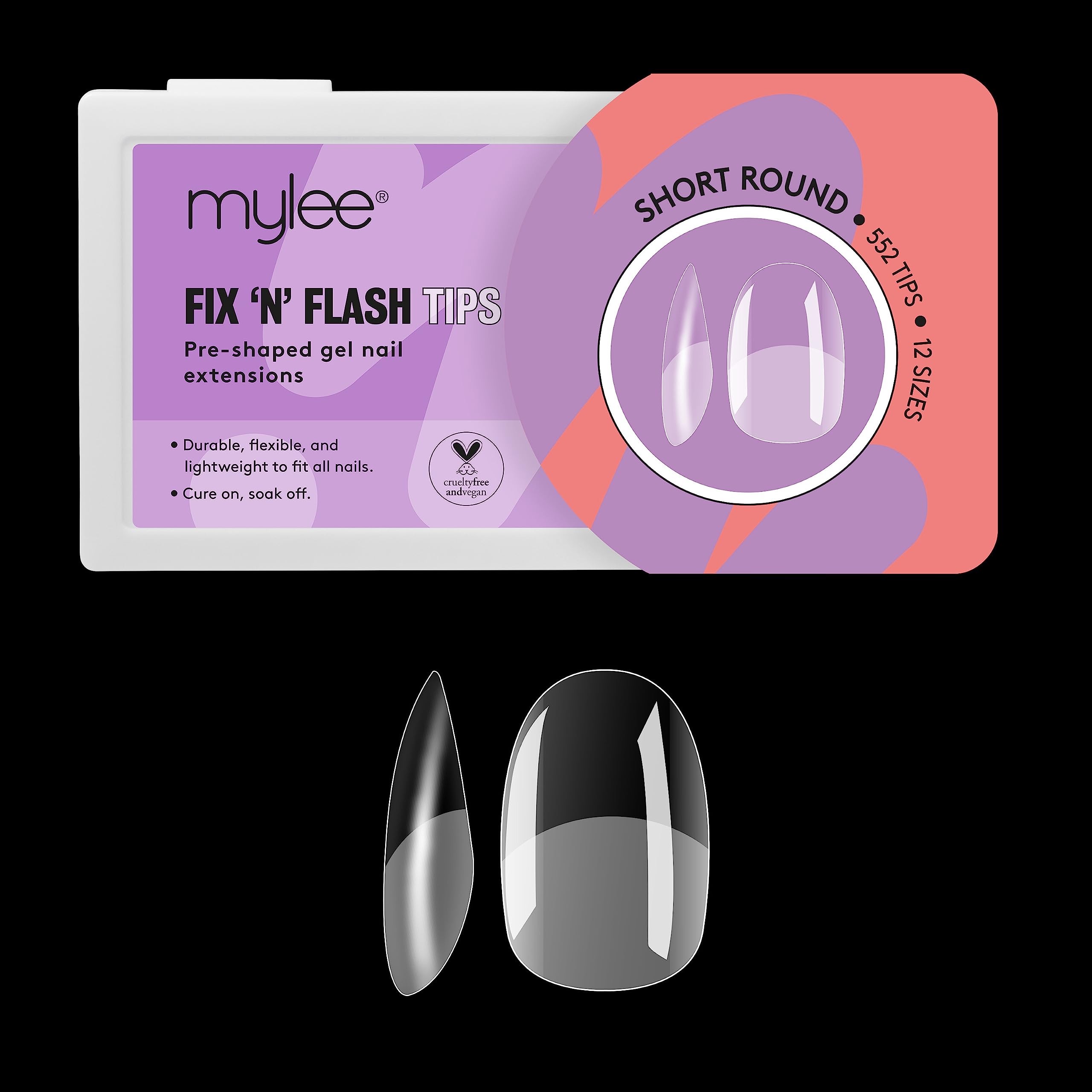 Mylee Fix N Flash Soft Gel Tips - Short Round - 552 PCS, Full Cover Soft Gel Nail Tips, Nail Art Extensions, Flexible & Resistant, 12 Different Sizes, Fit All Nails