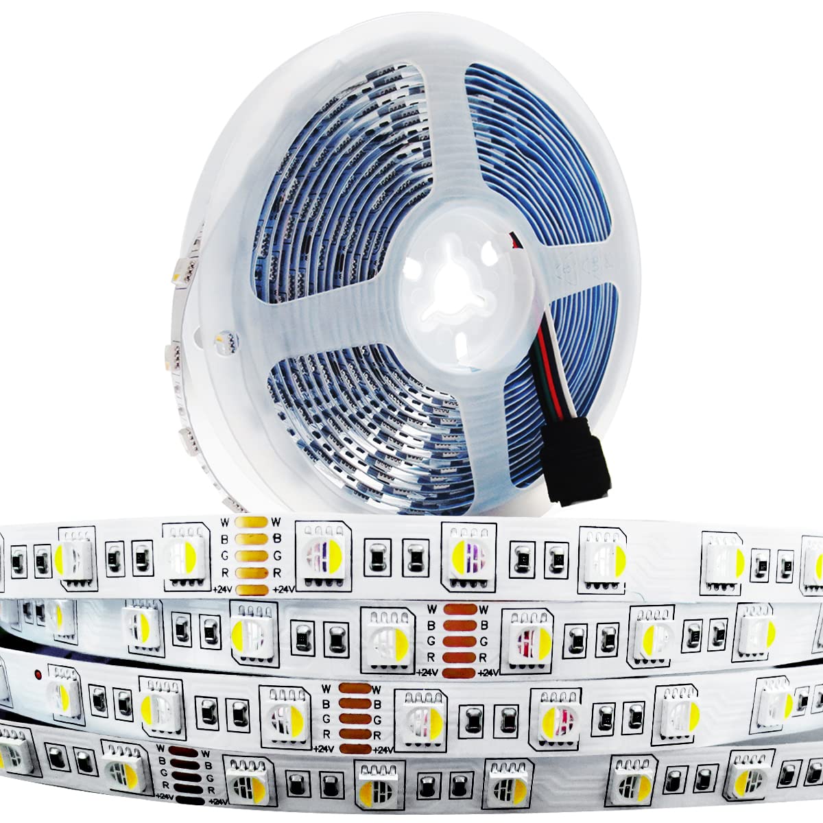 Tesfish 24V LED Strip Lights, 4 in 1, RGBW RGB + White 6000K 5M Mixed Color Rope Light Strip SMD 5050 IP20 300 LEDs for Bedroom, Kitchen Decoration