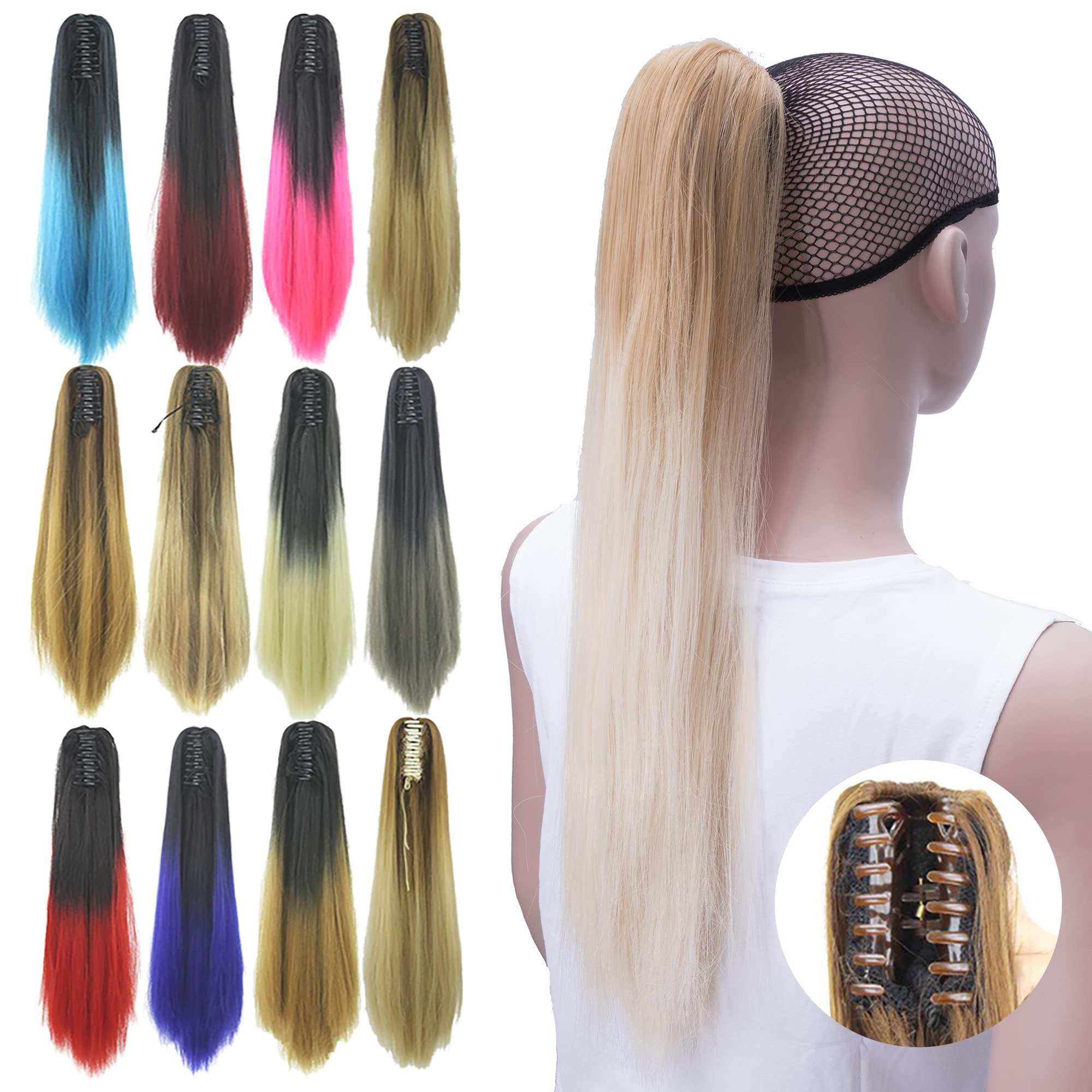 IMISSU Straight Clip on Hairpiece Extensions Pony Tail Clip Claw Ombre Ponytail Hair Pieces (Ombre Light Blonde)