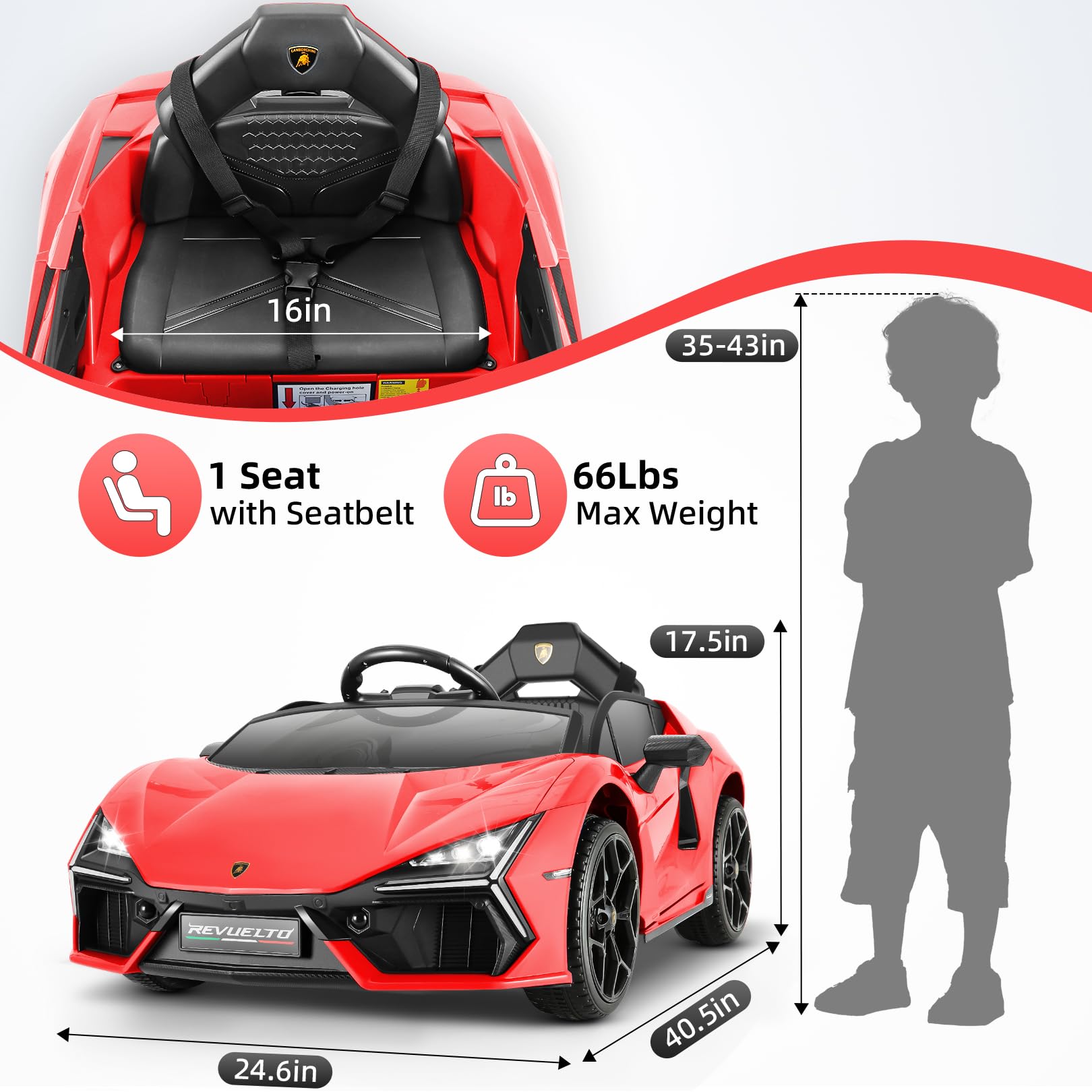 Hikole 12V Ride on Toys car for Kids, with Parental Control, Electric Sports Cars, Lamborghini Toy Car for Kids to Drive, Driving/Reverse, Liftable Scissor Doors, LED Lights, Music, Red