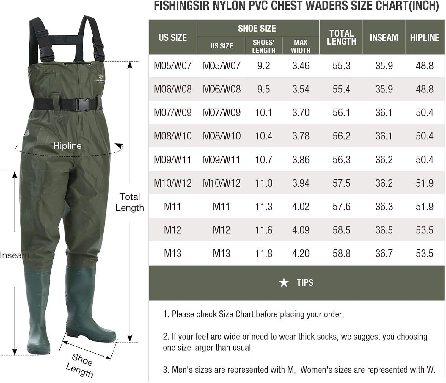FISHINGSIR Fishing Chest Waders for Men with Boots Mens Womens Hunting Bootfoot Waterproof Nylon and PVC with Wading Belt : Clothing