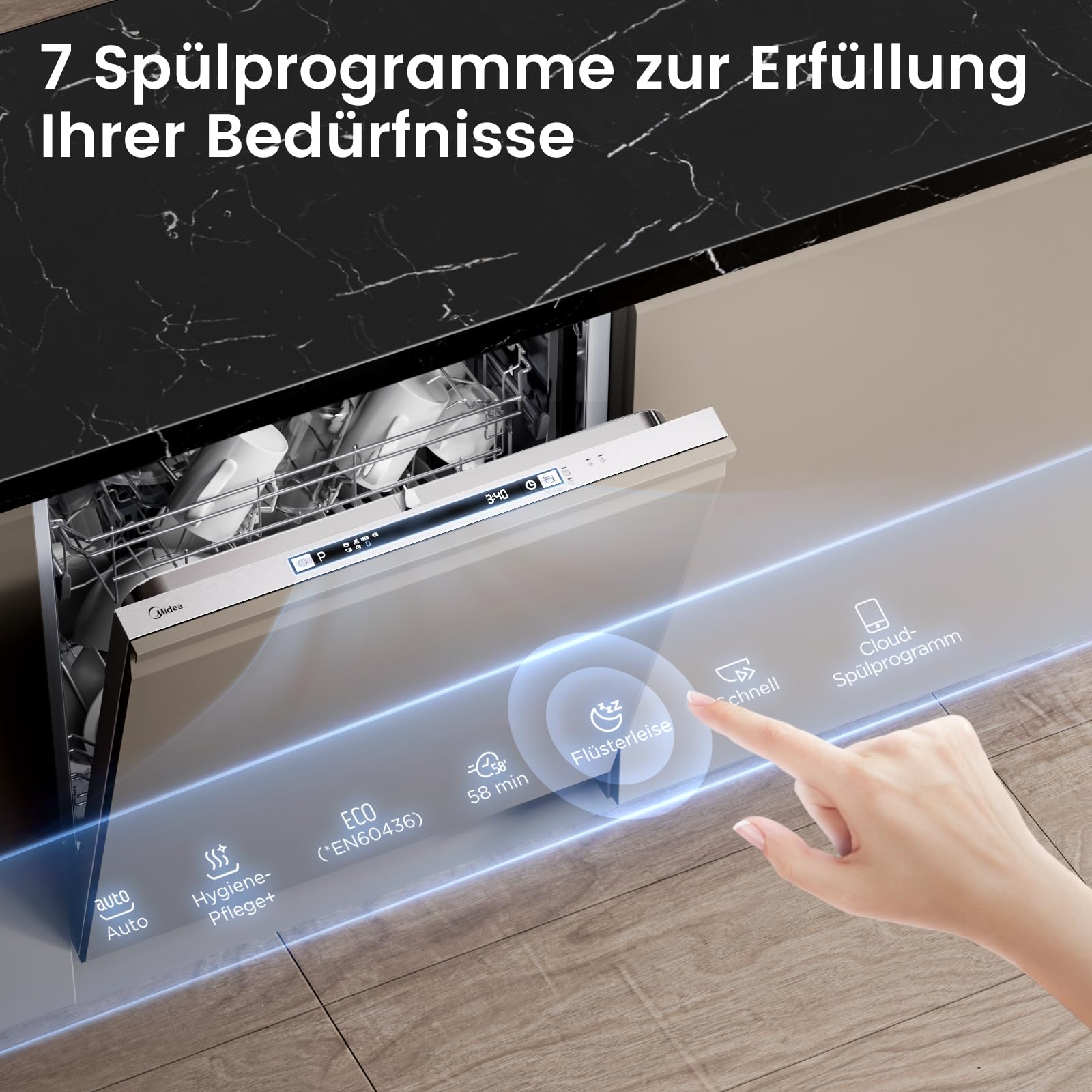 Midea SV 5.14K14C Geschirrspüler Vollintegriert 60cm, 14 Maßgedecke, Spülmaschine Unterbaufähig mit WIFI, 8 Programme, 44 dB, Automatische Türöffnung, 0-24H Startverzögerung, Inox 7