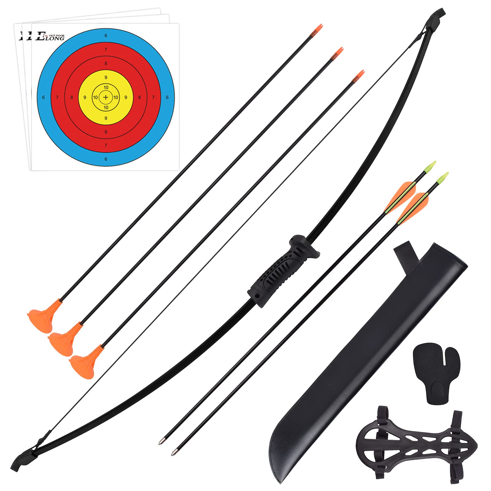 Take-down Bow Recurve Bow and Arrow Set Outdoor Archery Beginner Training Includes Arrows, Armguard, Quiver, Target Face, Finger Tab