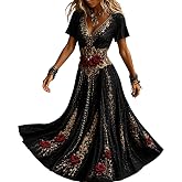 Gothic Halloween Dress for Women V-Neck Skull Rose Print Maxi Swing | Dramatic Flare Skirt, Spiderweb & Skeleton Print, Short Sleeves — Bold for Halloween Costume, Festival & Gothic Party Wear