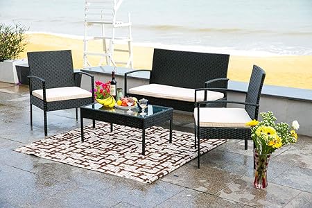 Merax 4 Pc Outdoor Rattan Furniture Set Patio Wicker Cushioned Set Garden Sofa Set Beige 2 Amazon Co Uk Kitchen Home