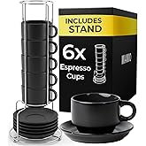 MIAMIO - 75 ml Espresso Cup Set with Saucers Coffee Mug Set of 6 - Ceramic Coffee Mug Stackable Espresso Mug with Stand for C