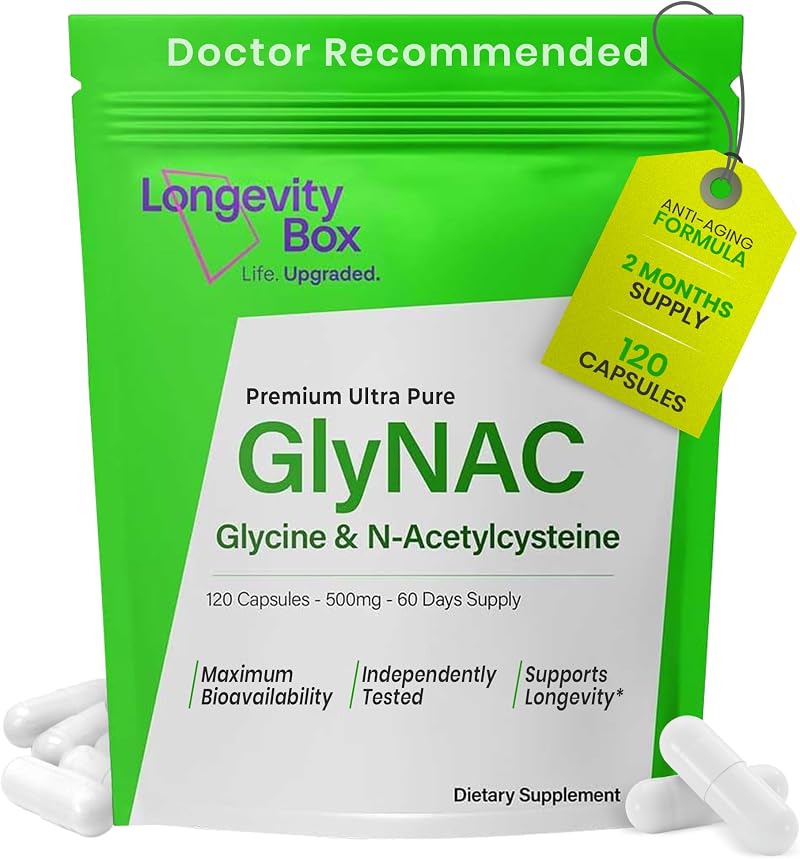 Longevity Box GlyNAC 1000mg - 120 Vegan Capsules for Healthy Aging