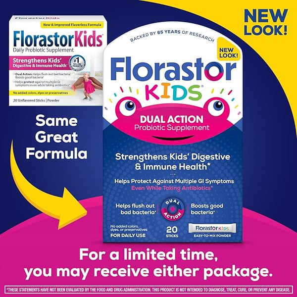 FLORASTOR KIDS DUAL ACTION PROBIOTIC SUPPLEMENT, STRENGTHENS KIDS’ DIGESTIVE & IMMUNE HEALTH, 20 EASY-TO MIX POWDER STICKS, PACKAGING MAY VARY
