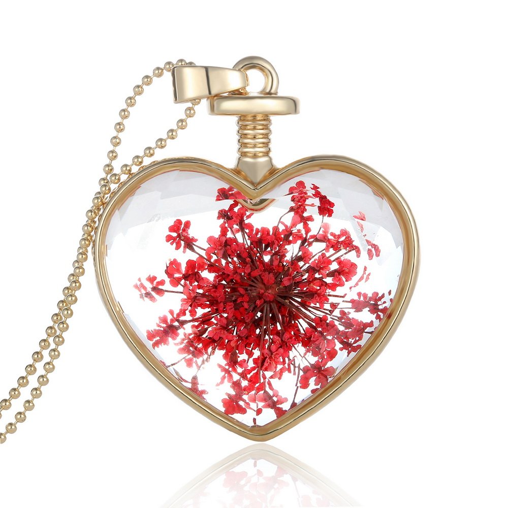Feilok Classic Heart-Shaped Transparent Crystal Women Chain Long Pendant Necklace with Red Dried Flower…